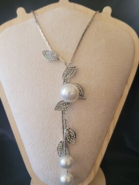 Sterling Silver Pearl and Crystal Leaf Drop Necklace - White